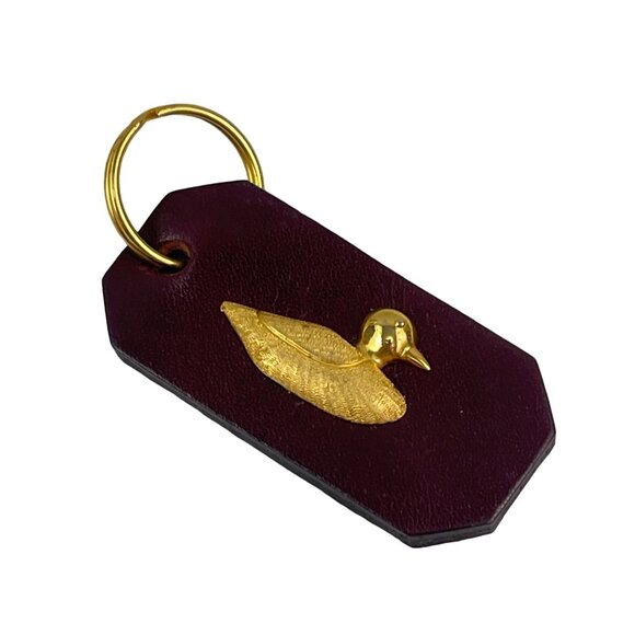 Vintage Plum Leather Keychain With Gold Duck Accent - Picture 5 of 5